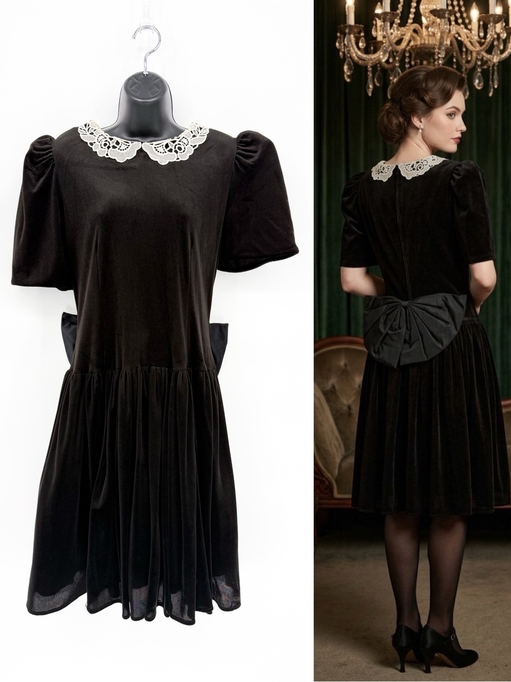 Vintage 80s 90s Black Velvet Drop Waist Dress Lace Collar Big Back Bow Size 13